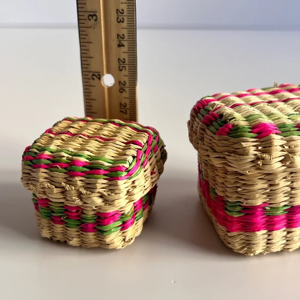 Vintage Miniature Woven Straw Trinket Baskets Set of 2 Boho Folk Art Boxes